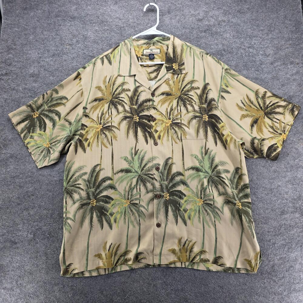 Tommy Bahama Shirt Mens XL Beige Silk Palm Tree Hawaiian Camp Button Front